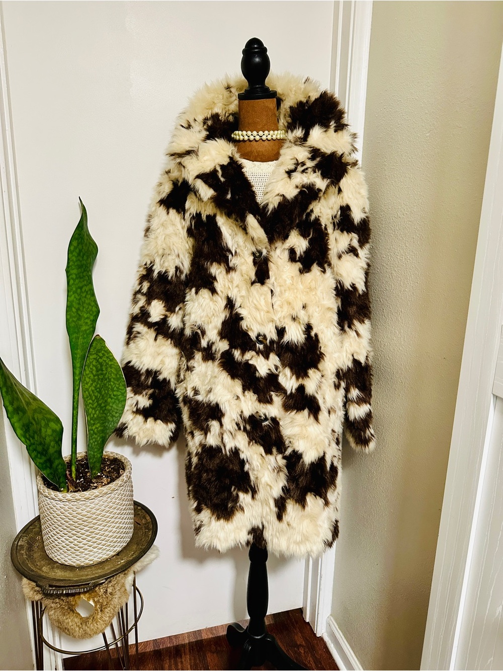 By Anthropologie Cow-Print Faux Fur Coat Longline Plush Statement Jacket Small